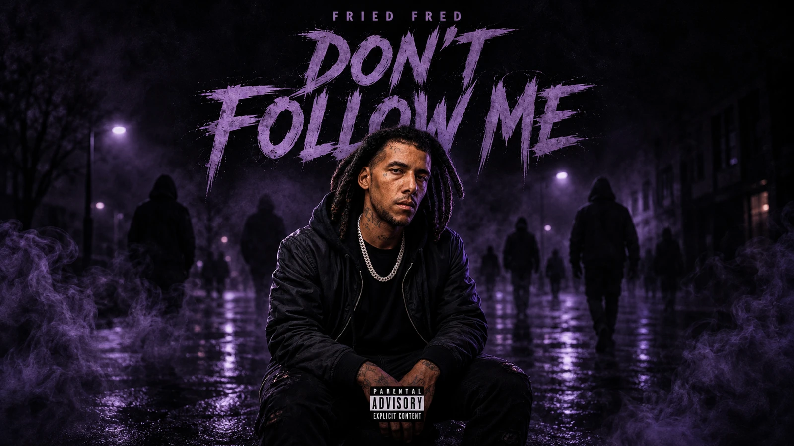 Fried Fred’s Don’t Follow Me artwork, set on a rain-soaked street in purple smoke