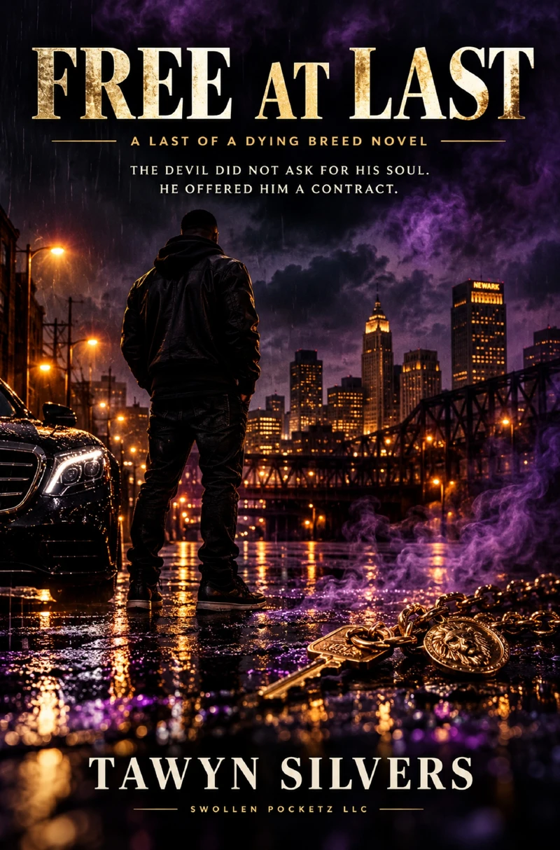 Free At Last, a novel by Tawyn Silvers, featuring a man overlooking Newark at night